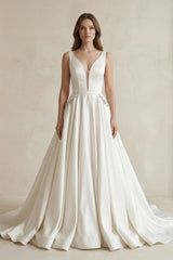 V - Neck Satin Ruched Ball Gown Wedding Dress in White - KISS BRIDAL Wedding Dresses