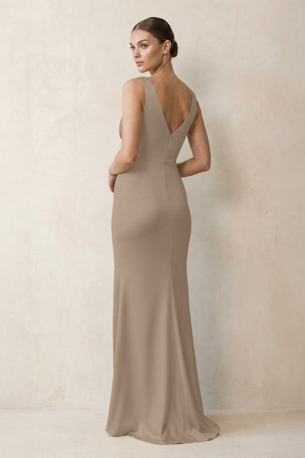 V-Neck Satin Ruched Sheath Bridesmaid Dress in Almond (2) | KISSBRIDAL