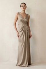 V - Neck Satin Ruched Sheath Bridesmaid Dress in Almond - KISS BRIDAL Bridesmaid Dresses