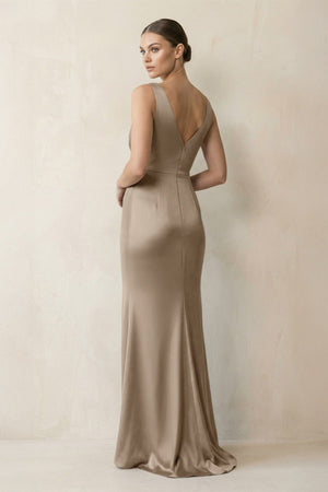 V - Neck Satin Ruched Sheath Bridesmaid Dress in Almond - KISS BRIDAL Bridesmaid Dresses