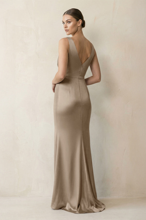 V - Neck Satin Ruched Sheath Bridesmaid Dress in Almond - KISS BRIDAL Bridesmaid Dresses