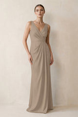 V-Neck Satin Ruched Sheath Bridesmaid Dress in Almond | KISSBRIDAL