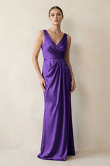 V - Neck Satin Ruched Sheath Bridesmaid Dress in Amethyst - KISS BRIDAL Bridesmaid Dresses