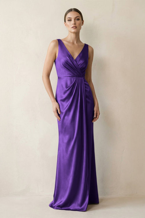 V - Neck Satin Ruched Sheath Bridesmaid Dress in Amethyst - KISS BRIDAL Bridesmaid Dresses