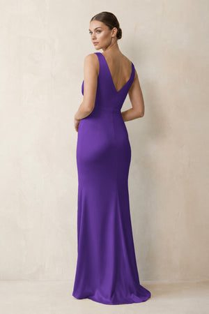 V-Neck Satin Ruched Sheath Bridesmaid Dress in Amethyst (2) | KISSBRIDAL