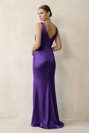 V - Neck Satin Ruched Sheath Bridesmaid Dress in Amethyst - KISS BRIDAL Bridesmaid Dresses