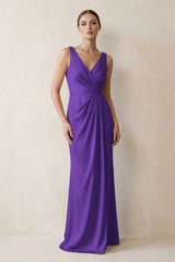 V-Neck Satin Ruched Sheath Bridesmaid Dress in Amethyst | KISSBRIDAL