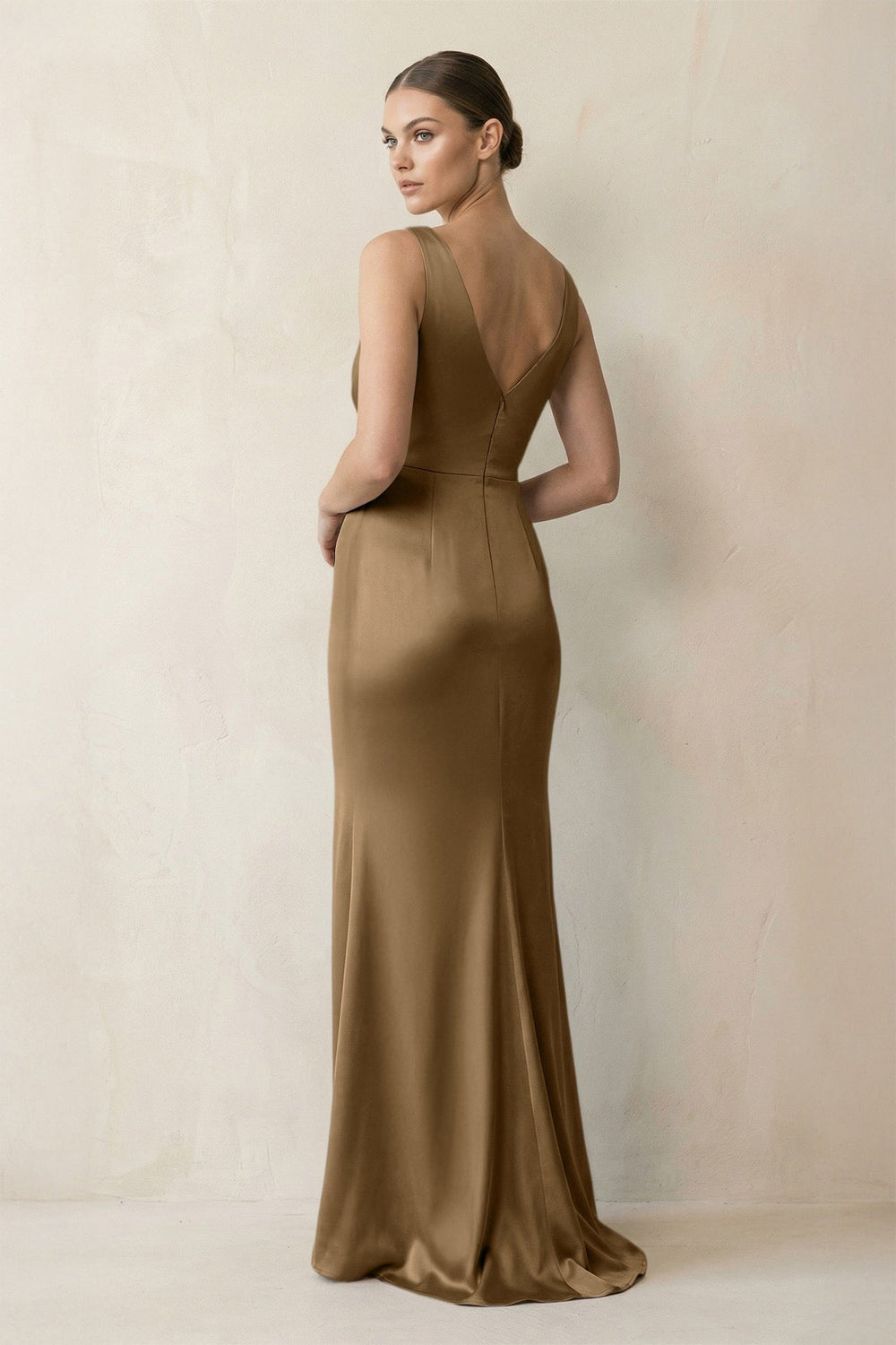 V - Neck Satin Ruched Sheath Bridesmaid Dress in Apple Cinnamon - KISS BRIDAL Bridesmaid Dresses