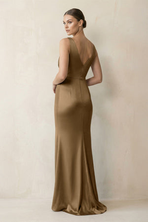 V - Neck Satin Ruched Sheath Bridesmaid Dress in Apple Cinnamon - KISS BRIDAL Bridesmaid Dresses