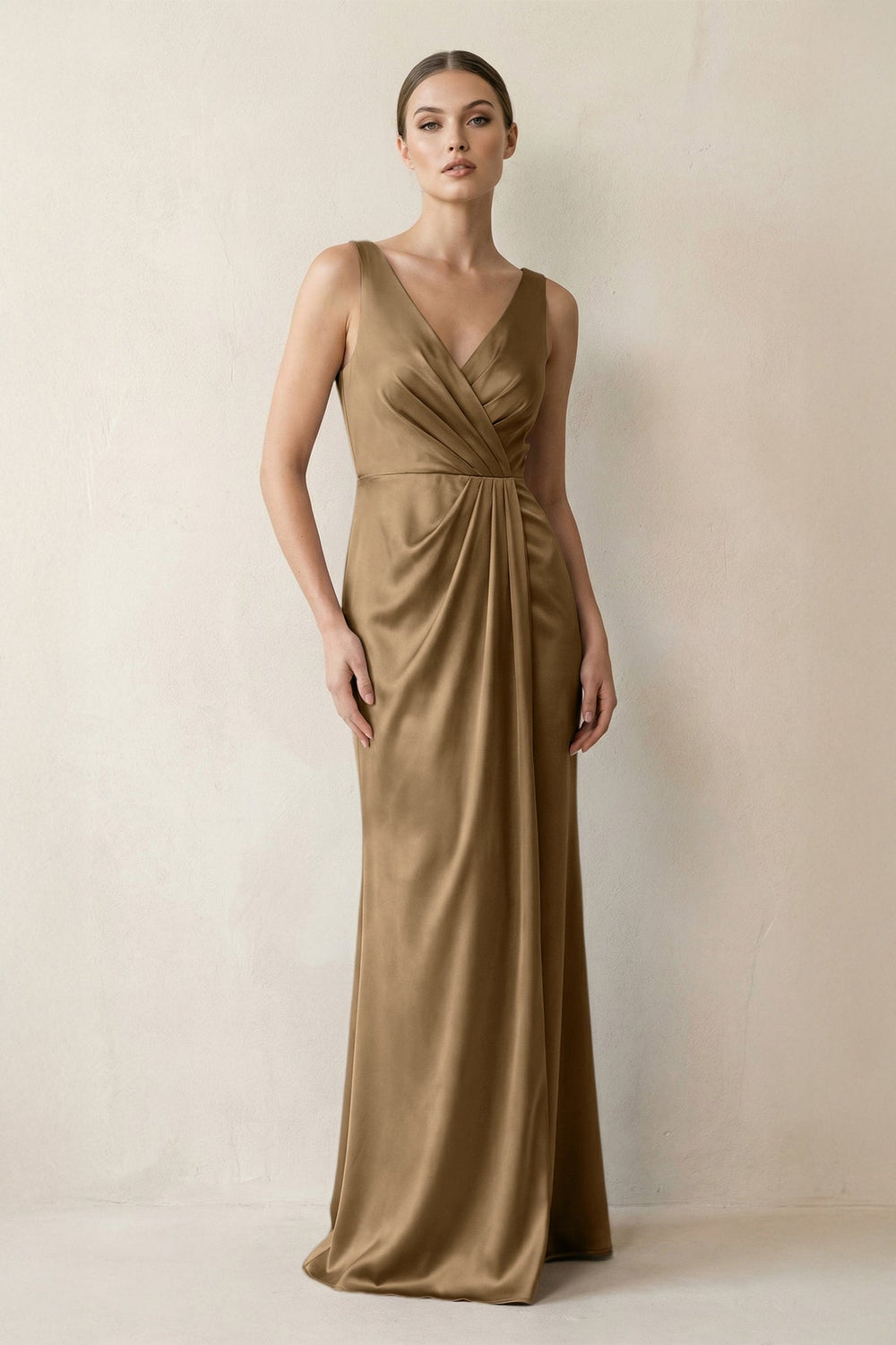 V - Neck Satin Ruched Sheath Bridesmaid Dress in Apple Cinnamon - KISS BRIDAL Bridesmaid Dresses