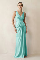 V - Neck Satin Ruched Sheath Bridesmaid Dress in Aqua - KISS BRIDAL Bridesmaid Dresses