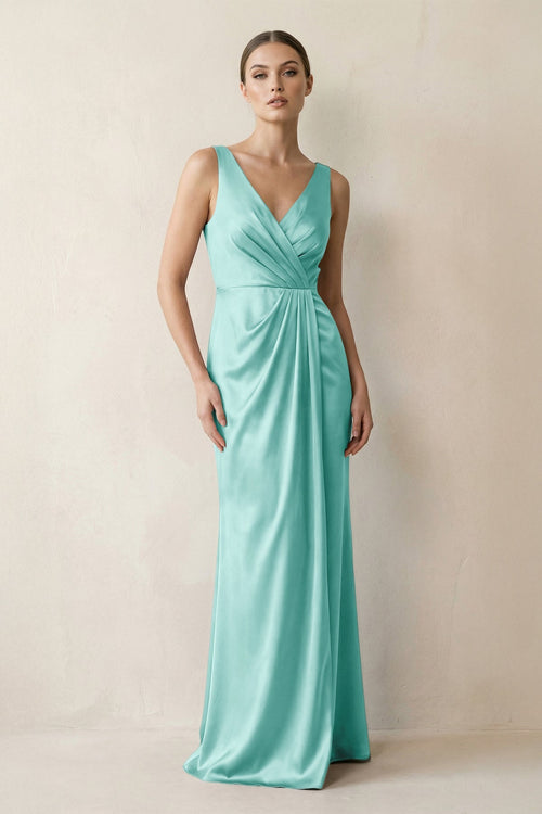 V - Neck Satin Ruched Sheath Bridesmaid Dress in Aqua - KISS BRIDAL Bridesmaid Dresses