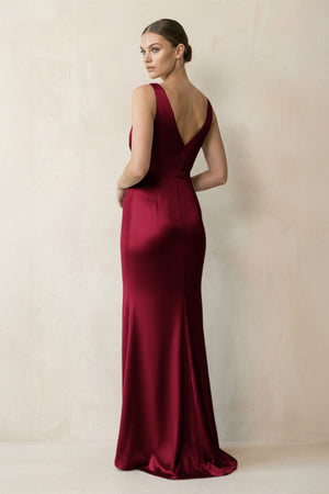 V - Neck Satin Ruched Sheath Bridesmaid Dress in Berry - KISS BRIDAL Bridesmaid Dresses