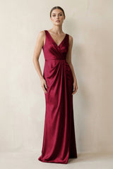 V - Neck Satin Ruched Sheath Bridesmaid Dress in Berry - KISS BRIDAL Bridesmaid Dresses