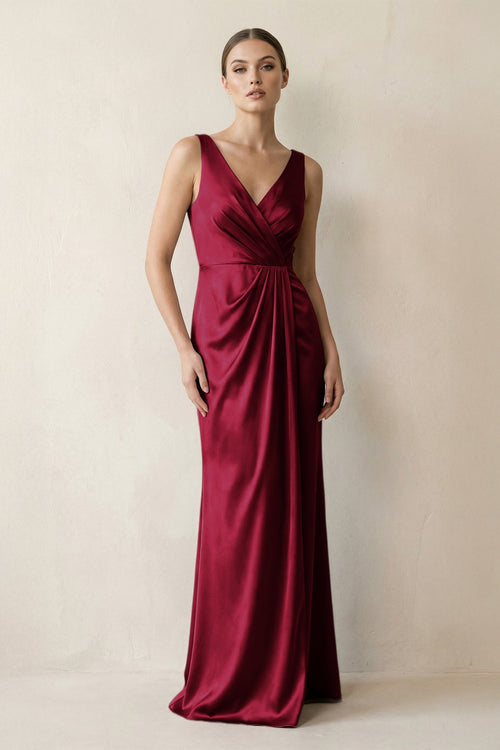 V - Neck Satin Ruched Sheath Bridesmaid Dress in Berry - KISS BRIDAL Bridesmaid Dresses