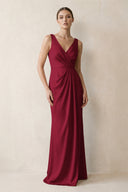 V-Neck Satin Ruched Sheath Bridesmaid Dress in Berry | KISSBRIDAL