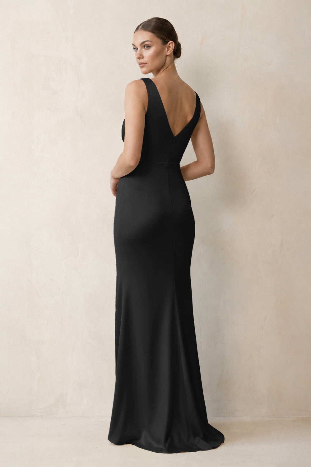 V-Neck Satin Ruched Sheath Bridesmaid Dress in Black