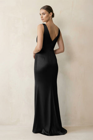 V - Neck Satin Ruched Sheath Bridesmaid Dress in Black - KISS BRIDAL Bridesmaid Dresses