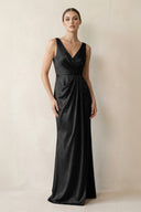 V - Neck Satin Ruched Sheath Bridesmaid Dress in Black - KISS BRIDAL Bridesmaid Dresses