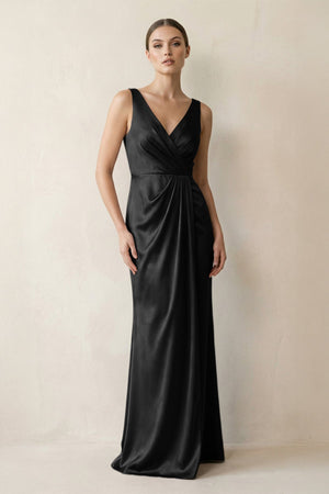 V - Neck Satin Ruched Sheath Bridesmaid Dress in Black - KISS BRIDAL Bridesmaid Dresses