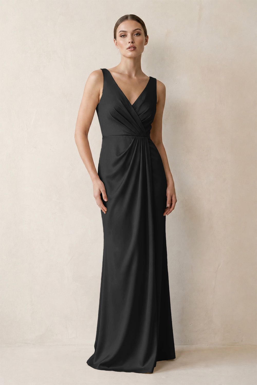 V-Neck Satin Ruched Sheath Bridesmaid Dress in Black