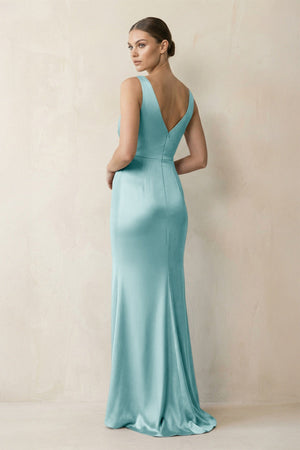 V - Neck Satin Ruched Sheath Bridesmaid Dress in Bleached Aqua - KISS BRIDAL Bridesmaid Dresses