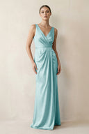 V - Neck Satin Ruched Sheath Bridesmaid Dress in Bleached Aqua - KISS BRIDAL Bridesmaid Dresses
