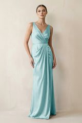 V - Neck Satin Ruched Sheath Bridesmaid Dress in Bleached Aqua - KISS BRIDAL Bridesmaid Dresses