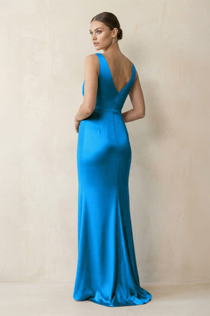 V - Neck Satin Ruched Sheath Bridesmaid Dress in Blue Jay - KISS BRIDAL Bridesmaid Dresses