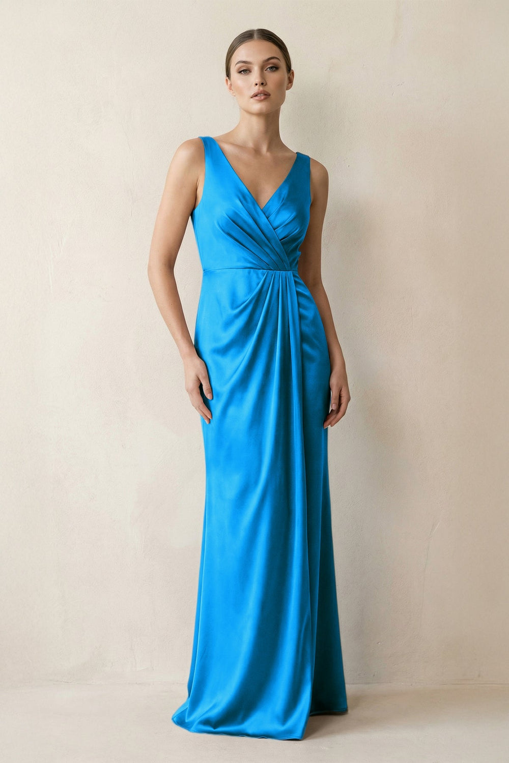 V - Neck Satin Ruched Sheath Bridesmaid Dress in Blue Jay - KISS BRIDAL Bridesmaid Dresses
