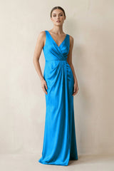 V - Neck Satin Ruched Sheath Bridesmaid Dress in Blue Jay - KISS BRIDAL Bridesmaid Dresses