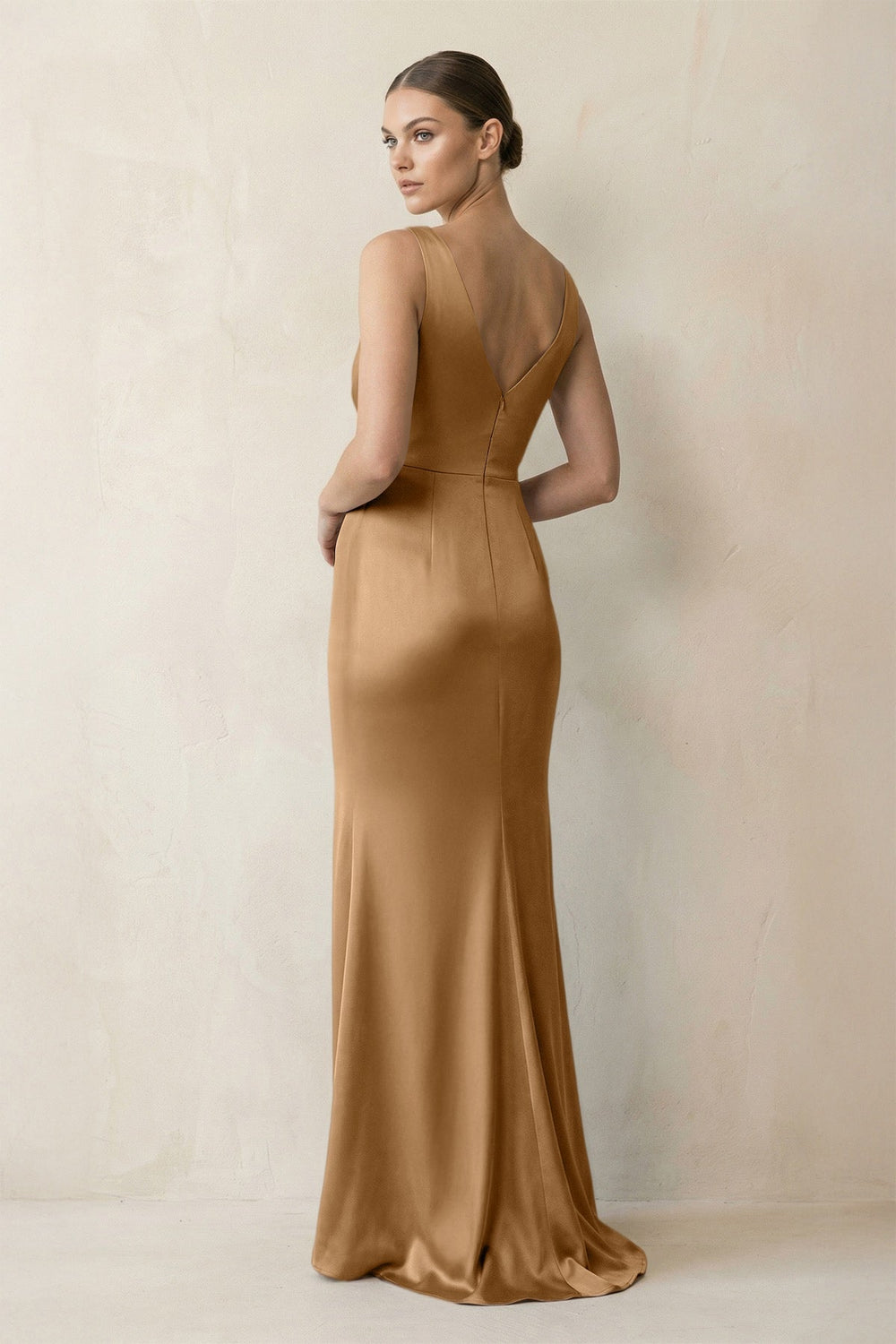 V - Neck Satin Ruched Sheath Bridesmaid Dress in Bronzer - KISS BRIDAL Bridesmaid Dresses