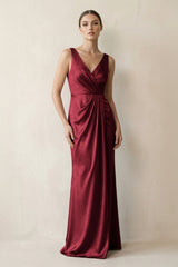 V - Neck Satin Ruched Sheath Bridesmaid Dress in Burgundy - KISS BRIDAL Bridesmaid Dresses