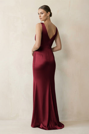 V - Neck Satin Ruched Sheath Bridesmaid Dress in Burgundy - KISS BRIDAL Bridesmaid Dresses