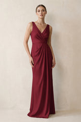 V-Neck Satin Ruched Sheath Bridesmaid Dress in Burgundy - KISSBRIDAL