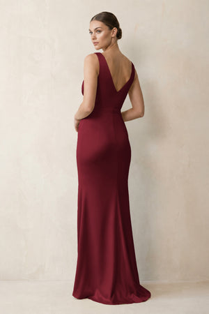 V-Neck Satin Ruched Sheath Bridesmaid Dress in Burgundy - KISSBRIDAL