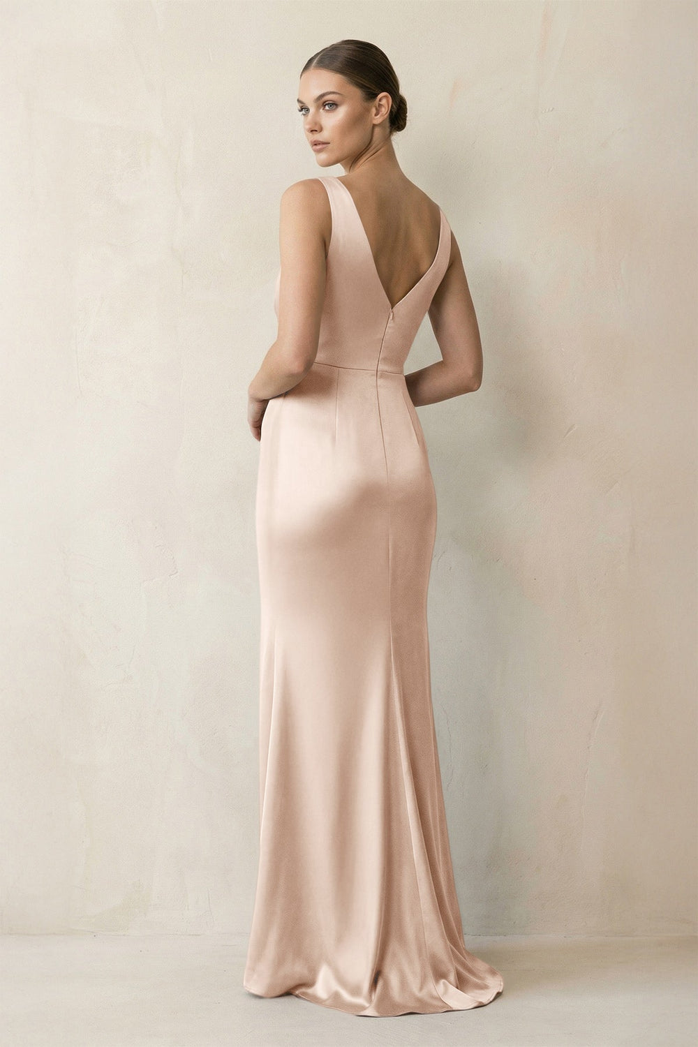 V - Neck Satin Ruched Sheath Bridesmaid Dress in Buttercream - KISS BRIDAL Bridesmaid Dresses