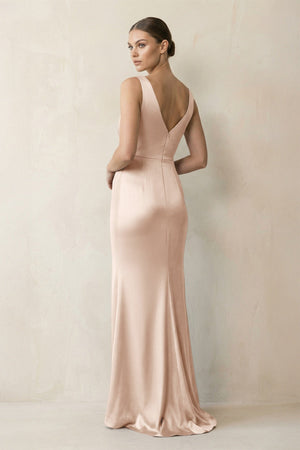 V - Neck Satin Ruched Sheath Bridesmaid Dress in Buttercream - KISS BRIDAL Bridesmaid Dresses