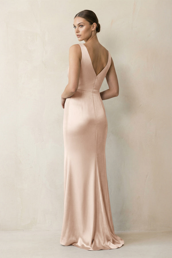 V - Neck Satin Ruched Sheath Bridesmaid Dress in Buttercream - KISS BRIDAL Bridesmaid Dresses