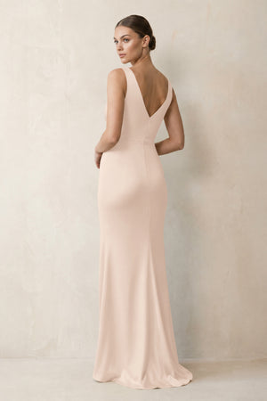 V-Neck Satin Ruched Sheath Bridesmaid Dress in Buttercream (2) | KISSBRIDAL