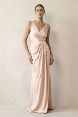 V - Neck Satin Ruched Sheath Bridesmaid Dress in Buttercream - KISS BRIDAL Bridesmaid Dresses