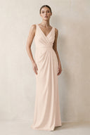 V-Neck Satin Ruched Sheath Bridesmaid Dress in Buttercream | KISSBRIDAL