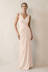 V-Neck Satin Ruched Sheath Bridesmaid Dress in Buttercream | KISSBRIDAL