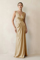 V - Neck Satin Ruched Sheath Bridesmaid Dress in Champagne - KISS BRIDAL Bridesmaid Dresses