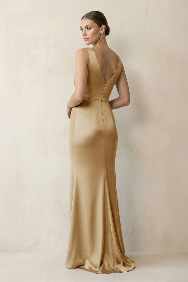 V - Neck Satin Ruched Sheath Bridesmaid Dress in Champagne - KISS BRIDAL Bridesmaid Dresses