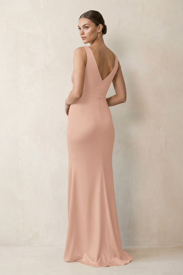 V-Neck Satin Ruched Sheath Bridesmaid Dress in Champagne Rose (2) | KISSBRIDAL