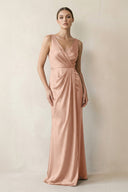 V - Neck Satin Ruched Sheath Bridesmaid Dress in Champagne Rose - KISS BRIDAL Bridesmaid Dresses