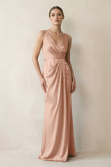 V - Neck Satin Ruched Sheath Bridesmaid Dress in Champagne Rose - KISS BRIDAL Bridesmaid Dresses