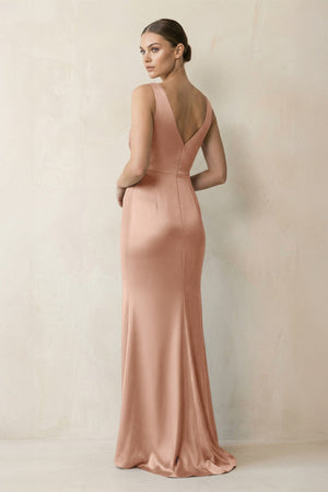 V - Neck Satin Ruched Sheath Bridesmaid Dress in Champagne Rose - KISS BRIDAL Bridesmaid Dresses