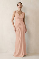V-Neck Satin Ruched Sheath Bridesmaid Dress in Champagne Rose | KISSBRIDAL